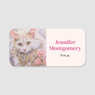 Elegante weiße Katze in Gold und Diamanten Namensschild