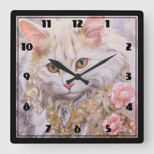 Elegante weiße Katze in Gold und Diamanten Quadratische Wanduhr