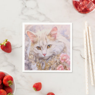 Elegante weiße Katze in Gold und Diamanten Serviette