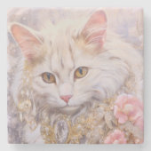 Elegante weiße Katze in Gold und Diamanten Steinuntersetzer (Vorderseite)