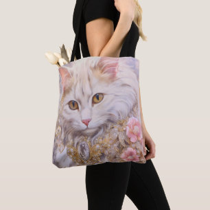 Elegante weiße Katze in Gold und Diamanten Tasche