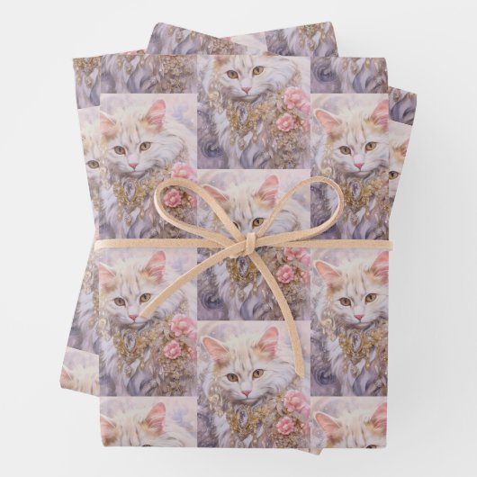 Elegante weiße Katze in Jewels Pattern Geschenkpapier Set (Beispiel)