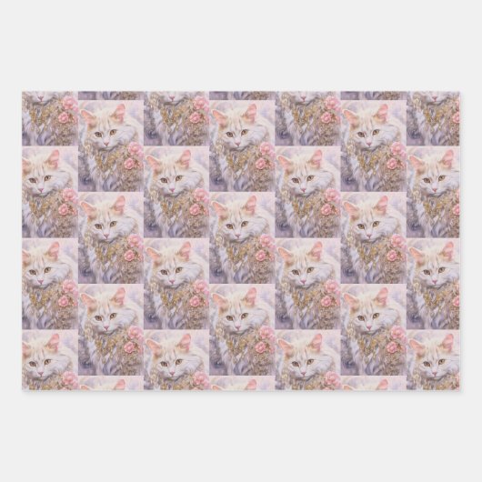 Elegante weiße Katze in Jewels Pattern Geschenkpapier Set (Vorderseite 3)