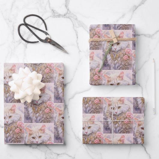 Elegante weiße Katze in Jewels Pattern Geschenkpapier Set (Vorderseite)