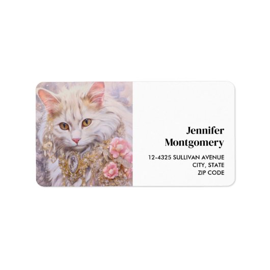 Elegante weiße Katze in Luxusjuwelen Adressaufkleber (Vorne)