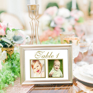 Elegante weiße Kindheits-Foto-Tischnummer-Karte Einladung