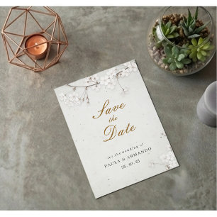 Elegante weiße Kirschblüte und goldene Schrift Save The Date