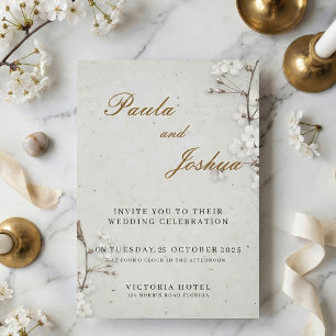 Elegante weiße Kirschblüten & Goldschrift Hochzeit Einladung