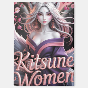 Elegante weiße Kitsune-Frau mit Sakura-Blüten Magnet