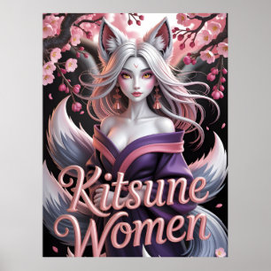 Elegante weiße Kitsune-Frau mit Sakura-Blüten Poster
