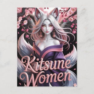 Elegante weiße Kitsune-Frau mit Sakura-Blüten Postkarte