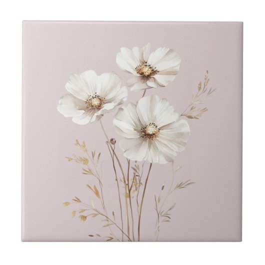 Elegante weiße Kosmos Blume Imitate Goldgras Fliese (Vorderseite)