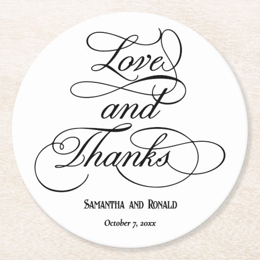 Elegante weiße Liebe und Dank Hochzeit Runder Pappuntersetzer (Vorderseite)