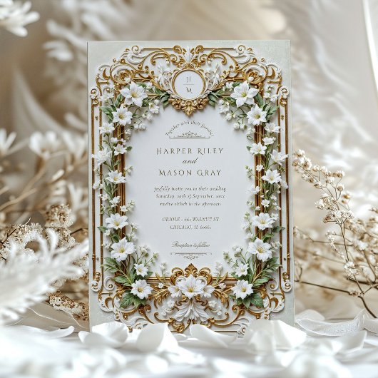 Elegante weiße Lilien mit Imitats Gold Einladung