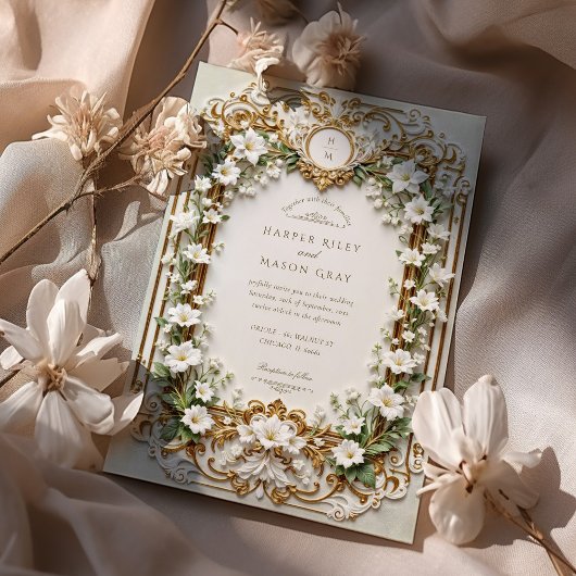 Elegante weiße Lilien mit Imitats Gold Einladung