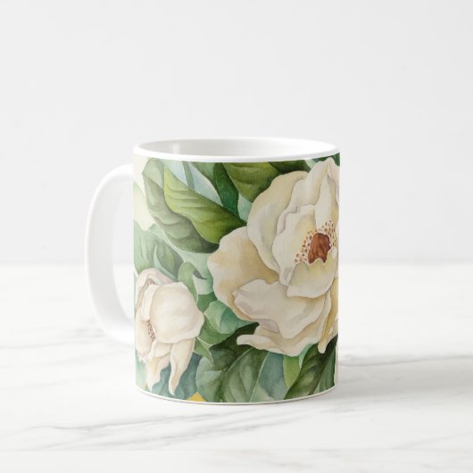 Elegante weiße Magnolien-Blumen im Watercolor Kaffeetasse (Vorderseite Links)