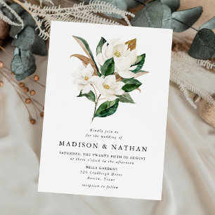 Elegante weiße Magnolien und Grün-Hochzeit Einladung