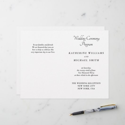 Elegante weiße minimalistische Hochzeitsprogramme (Vorderseite/Rückseite Beispiel)