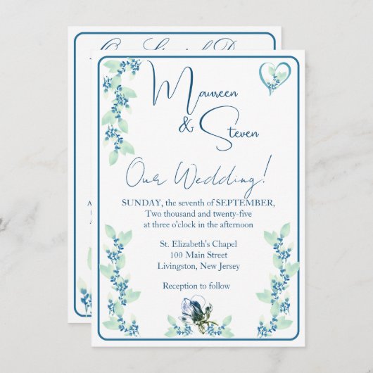 Elegante weiße, minte grüne und blaue Blumenhochze Einladung (Vorne/Hinten)