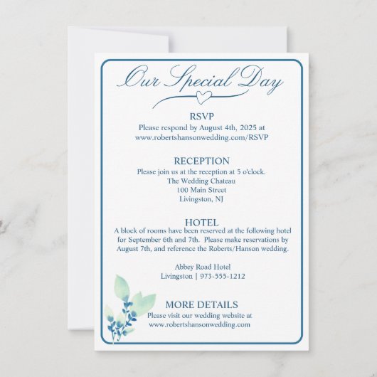 Elegante weiße, minte grüne und blaue Blumenhochze Einladung (Rückseite)