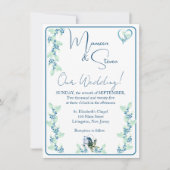 Elegante weiße, minte grüne und blaue Blumenhochze Einladung (Vorderseite)