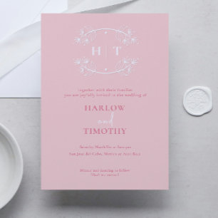 Elegante weiße Monogram Pink Calligrafy Wedding Einladung