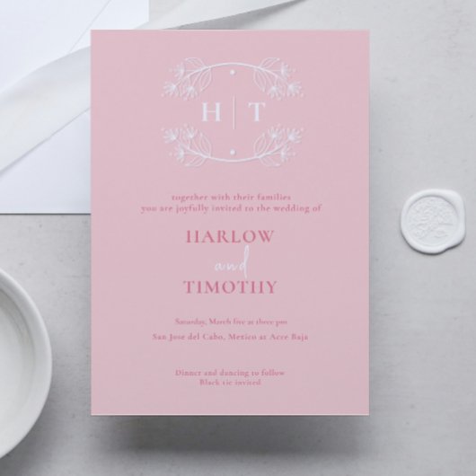 Elegante weiße Monogram Pink Calligrafy Wedding Einladung