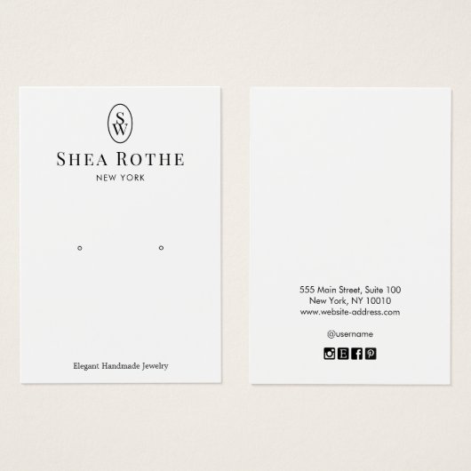 Elegante weiße Monogramm-Ohrring-Display-Karte (Vorne & Hinten)