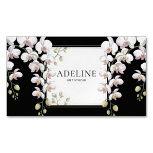 Elegante weiße Orchidee rosa Akzent schwarz Gold R Magnetische Visitenkarte