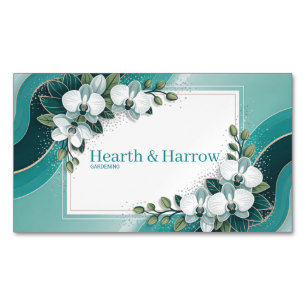 Elegante weiße Orchideen-Blumen mit Teal-Gold-Akze Magnetische Visitenkarte