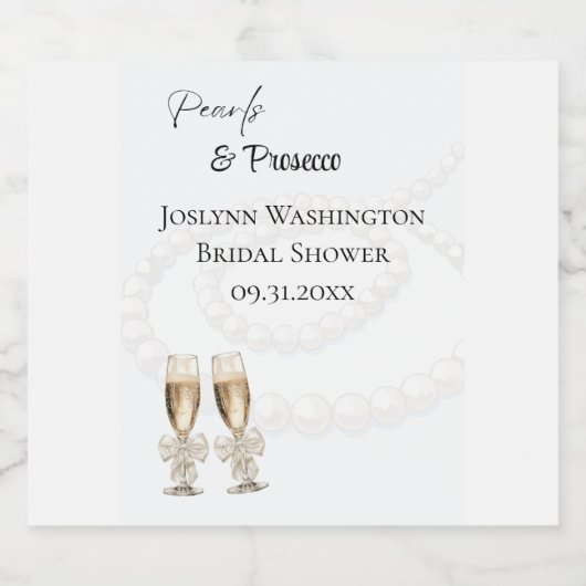 Elegante weiße Perlen & Prosecco Weinkarte Schaumweinetikett (Einzelnes Label)