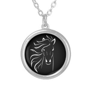 Elegante weiße Pferde-Silhouette auf schwarz Versilberte Kette