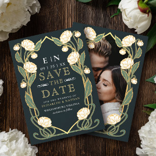 Elegante weiße Pfingstrose Art Nouveau Hochzeitsfo Save The Date
