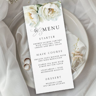 Elegante weiße Pfingstrose Blumen Hochzeitsmenü Menükarte