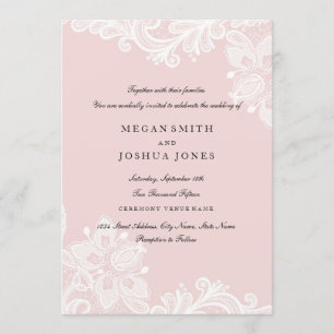 Elegante weiße Pfirsich-Rosa-Spitze-Hochzeitseinla Einladung