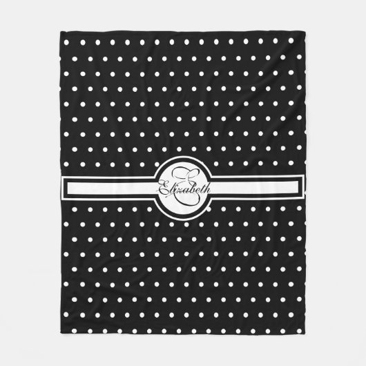 Elegante weiße Polka-Punkte auf Schwarz-Monogramm Fleecedecke (Vorderseite)