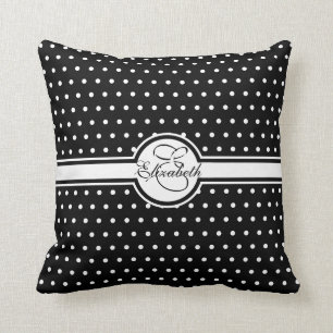 Elegante weiße Polka-Punkte auf Schwarz-Monogramm Kissen