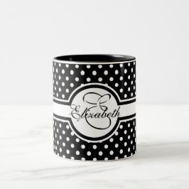 Elegante weiße Polka-Punkte auf Schwarz-Monogramm Zweifarbige Tasse