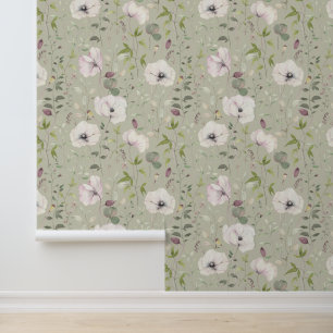 Elegante weiße Pupien florales Muster Grün Tapete