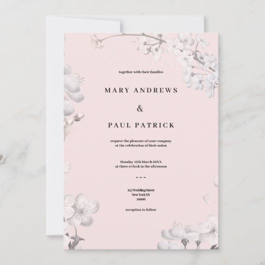 Elegante, weiße Rosa Kirschblüte Blütenhochzeit Einladung (Vorderseite)