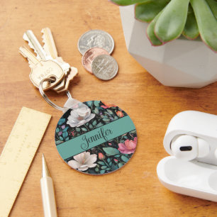Elegante weiße rosa Rose personalisiert Schlüsselanhänger