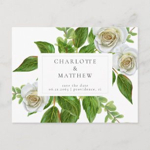 Elegante weiße Rose Grünzeug Einfache Save-the-Dat Postkarte