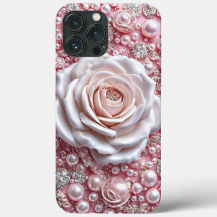 Elegante weiße Rose und funkelnde rosa Perlen Case-Mate iPhone Hülle