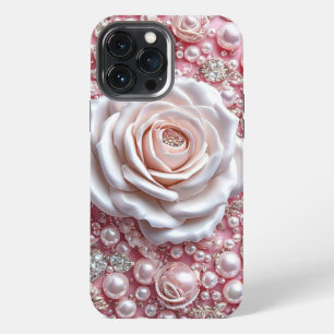 Elegante weiße Rose und funkelnde rosa Perlen iPhone 13 Pro Max Hülle