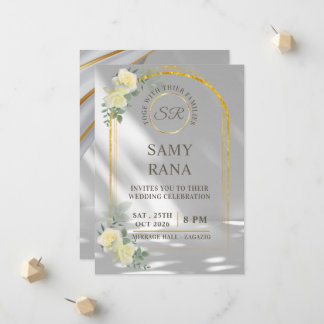 Elegante weiße Rose und goldene Bogen-Hochzeitsein Ankündigung