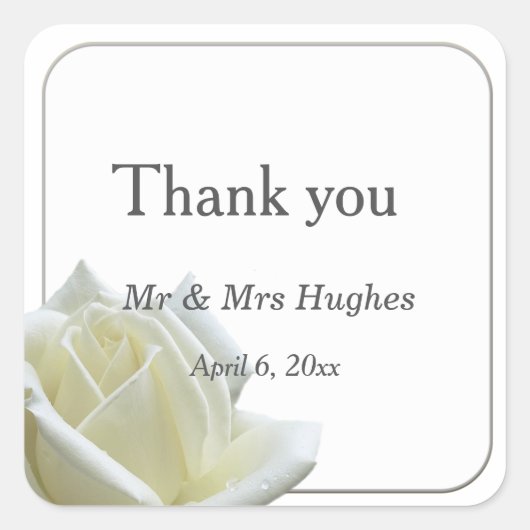 Elegante weiße Rose und Silber Danke Quadratischer Aufkleber (Vorderseite)