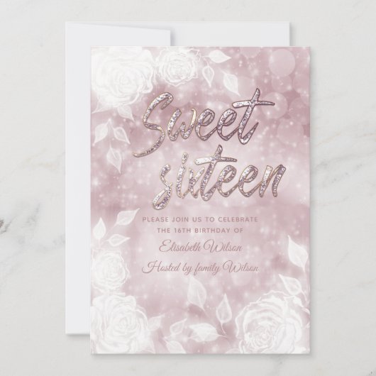 Elegante, weiße Rosen, 16 . Geburtstag Einladung (Vorderseite)