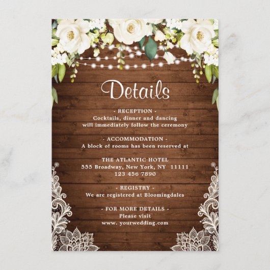 Elegante Weiße Rosen an der Spitze Rustikale Hochz Begleitkarte (Vorderseite)