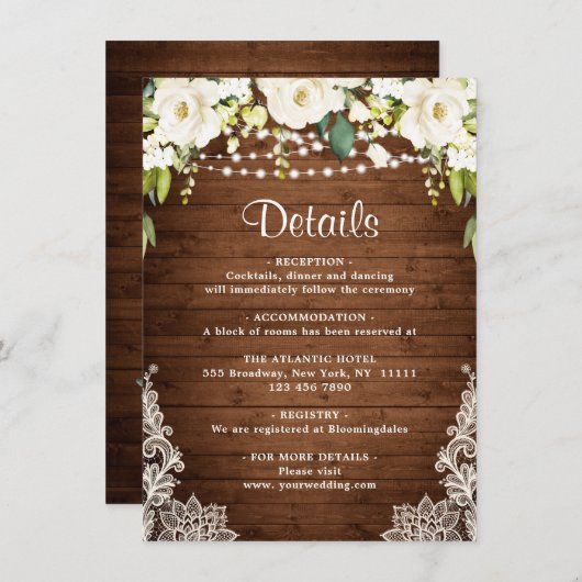 Elegante Weiße Rosen an der Spitze Rustikale Hochz Begleitkarte (Vorne/Hinten)