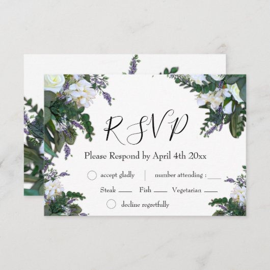 Elegante weiße Rosen Blumenlavendel UAWG RSVP Karte (Vorne/Hinten)